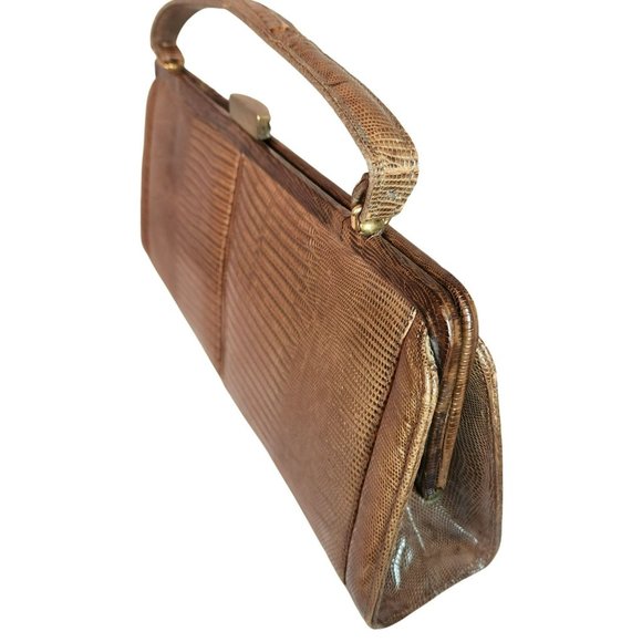 Vintage Palizzio Tegu Lizard Brown Rectangle Frame Closure 1960s Handbag - Picture 8 of 16